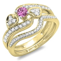 Dazzlingrock Collection 10k kerek rózsaszín zafír & fehér gyémánt menyasszonyi eljegyzési gyűrű szett, sárga arany,