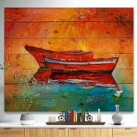 Designart 'Piros hajók az arany naplemente felett' Tengeri festmény nyomtatás természetes fenyőfán