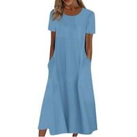 Nyári ruhák női női nyári alkalmi divat Egyszínű Rövid ujjú Kerek nyakú zseb ruha kék 3XL