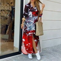 Binmer Sundresses Női V-nyakú Buttoms Hosszú ujjú Színes blokk tunika nyomtatás Maxi Shift ruha