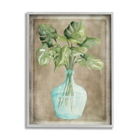 Stupell Industries Monstera elhagyja az üveg váza cserepes ház növényi festmény szürke keretes művészeti nyomtatott