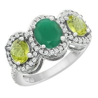 10k fehér arany természetes smaragd & citrom kvarc 3-kő gyűrű ovális gyémánt akcentussal, Méret 8.5