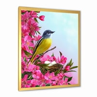 Designart 'Kis sárga madár a fészek közelében rózsaszín virágokkal' hagyományos keretes művészeti nyomtatás