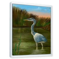 Designart 'Blue Heron vizes madár a tó partján' hagyományos keretes vászon fali művészet