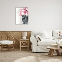 Stupell Industries puha rózsaszín szegfű virágok díszes mintás kerámia váza grafikus fehér keretes művészet nyomtatott