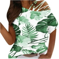 Usmixi Női felsők levelek nyomtatási perjel nyak Rövid ujjú póló nyári divat Off váll pántos könnyű tunika Blúzok Zöld